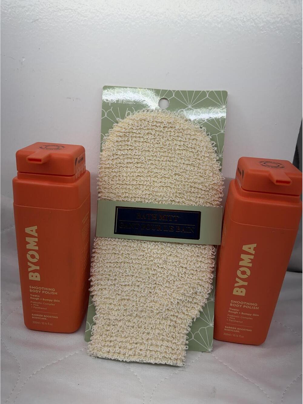 BYOMA Smoothing Body Polish 2PK (10.14oz x2) & Bath Mitt Set -Barrier Repair NEW